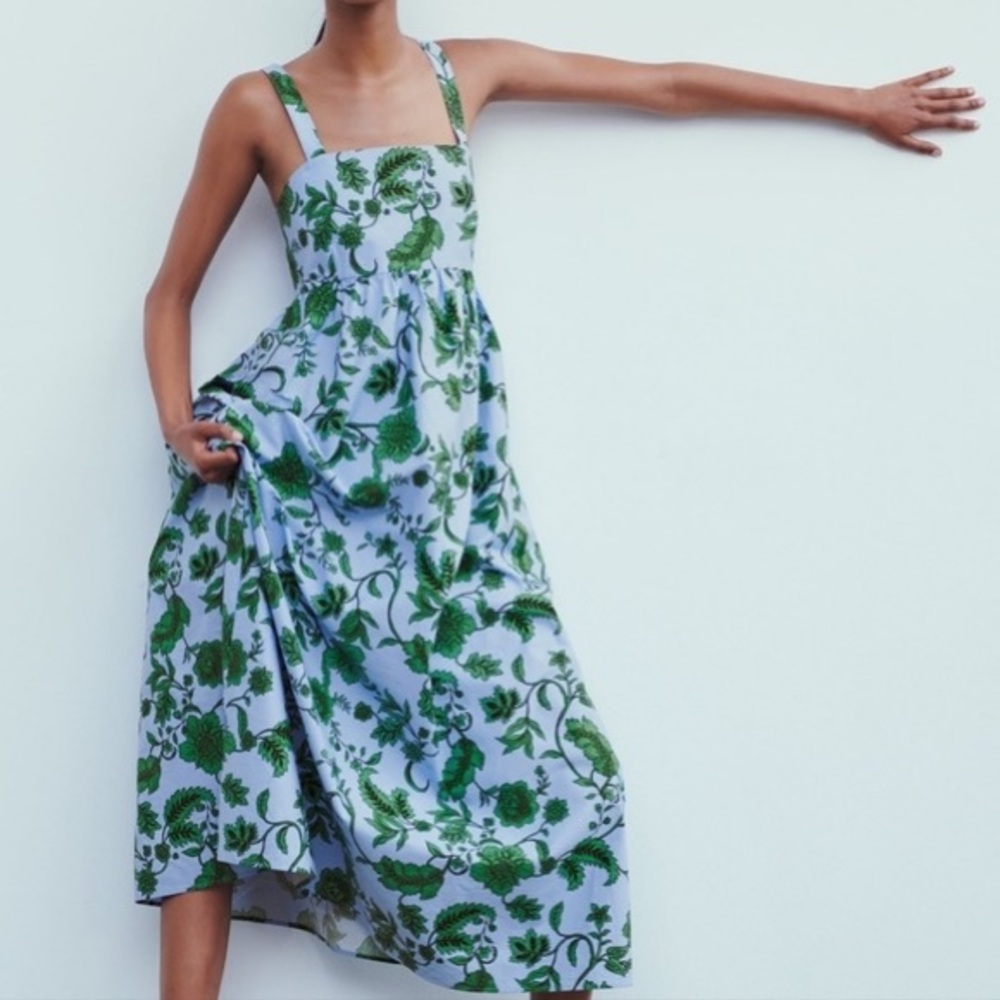 Zara Blue Maxi Dress with Green Floral Print
